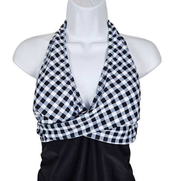Womens Black & White Gingham Halter One-Piece Swimsuit Tummy Control Size Large - Picture 6 of 9